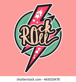 Rock and Roll Lettering for t-shirt, sticker, print, fabric, cloth. Vintage hand drawn music badge. Retro hipster musical sound emblem for card, concert flyer, fest, postcard, label, poster. Vector