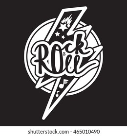 Rock and Roll Lettering for t-shirt, sticker, print, fabric, cloth. Vintage hand drawn monochrome music badge. Retro hipster sound emblem for card, concert flyer, fest, postcard, label, poster. Vector