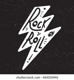 Rock and Roll Lettering for t-shirt, sticker, print, fabric, cloth. Vintage hand drawn monochrome music badge. Retro hipster sound emblem for card, concert flyer, fest, postcard, label, poster. Vector