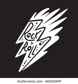 Rock and Roll Lettering for t-shirt, sticker, print, fabric, cloth. Vintage hand drawn monochrome music badge. Retro hipster sound emblem for card, concert flyer, fest, postcard, label, poster. Vector