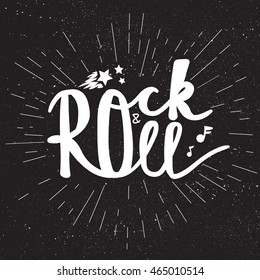Rock and Roll Lettering for t-shirt, sticker, print, fabric, cloth. Vintage hand drawn monochrome music badge. Retro hipster sound emblem for card, concert flyer, fest, postcard, label, poster. Vector