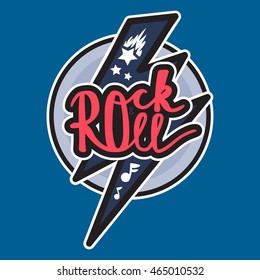 Rock and Roll Lettering for t-shirt, sticker, print, fabric, cloth. Vintage hand drawn music badge. Retro hipster musical sound emblem for card, concert flyer, fest, postcard, label, poster. Vector