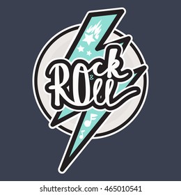 Rock and Roll Lettering for t-shirt, sticker, print, fabric, cloth. Vintage hand drawn music badge. Retro hipster musical sound emblem for card, concert flyer, fest, postcard, label, poster. Vector
