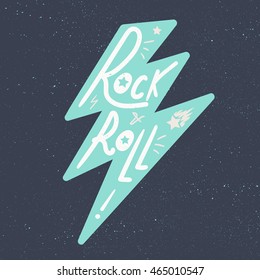 Rock and Roll Lettering for t-shirt, sticker, print, fabric, cloth. Vintage hand drawn music badge. Retro hipster musical sound emblem for card, concert flyer, fest, postcard, label, poster. Vector