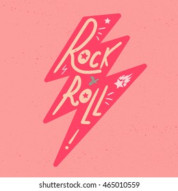 Rock and Roll Lettering for t-shirt, sticker, print, fabric, cloth. Vintage hand drawn music badge. Retro hipster musical sound emblem for card, concert flyer, fest, postcard, label, poster. Vector