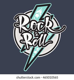 Rock and Roll Lettering for t-shirt, sticker, print, fabric, cloth. Vintage hand drawn music badge. Retro hipster musical sound emblem for card, concert flyer, fest, postcard, label, poster. Vector