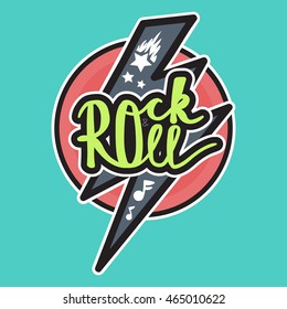 Rock and Roll Lettering for t-shirt, sticker, print, fabric, cloth. Vintage hand drawn music badge. Retro hipster musical sound emblem for card, concert flyer, fest, postcard, label, poster. Vector