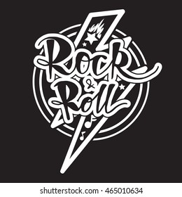 Rock and Roll Lettering for t-shirt, sticker, print, fabric, cloth. Vintage hand drawn monochrome music badge. Retro hipster sound emblem for card, concert flyer, fest, postcard, label, poster. Vector