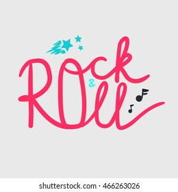 Rock and Roll Lettering for t-shirt, sticker, print, fabric, cloth. Vintage hand drawn music badge. Retro hipster musical sound emblem for card, concert flyer, fest, postcard, label, poster. Vector