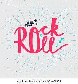 Rock and Roll Lettering for t-shirt, sticker, print, fabric, cloth. Vintage hand drawn music badge. Retro hipster musical sound emblem for card, concert flyer, fest, postcard, label, poster. Vector