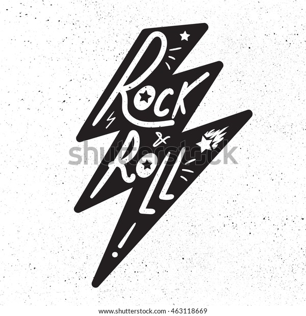 Rock and Roll Lettering for t-shirt, sticker,\
print, fabric, cloth. Vintage hand drawn monochrome music badge.\
Retro hipster sound emblem for card, concert flyer, fest, postcard,\
label, poster. Vector