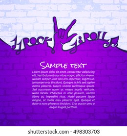 Rock and roll line art purple background with space for your text. Rock n roll music concept template. Design element for poster, flyer, brochures, cover or card. Vector illustration.
