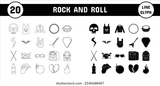 Rock and Roll Line Glyph Vetor Ilustração Ícone Adesivo Conjunto Design Materiais