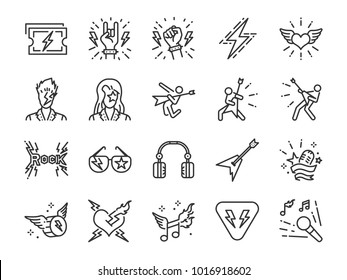 Rock and Roll line icon set. Included the icons as rocker, leather boy, concert, song, musician, heart, guitar and more.
