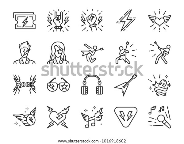 Rock\
and Roll line icon set. Included the icons as rocker, leather boy,\
concert, song, musician, heart, guitar and\
more.\
