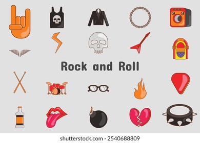 Rock and Roll Lineal Cor Vetor Ilustração Ícone Adesivo Conjunto Design Materiais