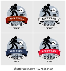 Rock and roll logo design. Vector artwork of a rock star playing a guitar in retro style. The guitarist is using an electric guitar connected to an amp. 
