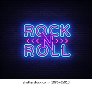 Rock and Roll logo in neon style. Rock Music neon night signboard, design template vector illustration for Rock Festival, Concert, Live music, Light banner. Vector illustration