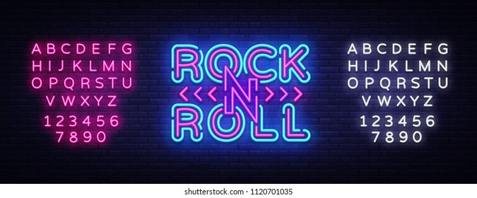 Rock and Roll logo in neon style. Rock Music neon night signboard, design template vector illustration for Rock Festival, Concert, Live music, Light banner. Vector. Editing text neon sign