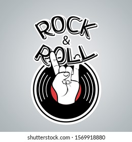 Rock and roll logo, vintage musical icon, cartoon hand drawing. Black, red, white sign, symbol hand gesture horns vinyl disc and letters isolated on gray background. Vector illustration