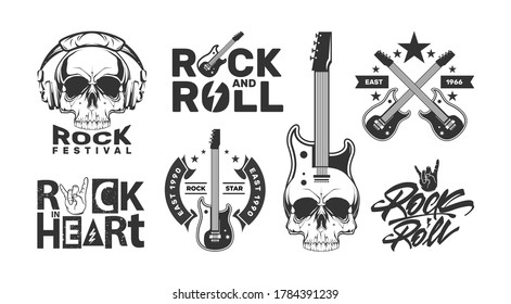 Rock and roll logos set with skull. Labels with lettering style. Music festival design labels.