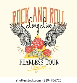 Rock and roll longline, fearless tour original with red rose flowers,  Eagle with Roses and Freedom Spirit Slogan, intage print graphic design rock style fashion street wear illustration