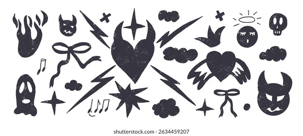 Rock and roll love story marker drawn set. Punk charcoal heart with devil and angel doodles. Scribble grunge elements. Heart, bows and sketchy graffiti art. Vector sketch charcoal illustration.