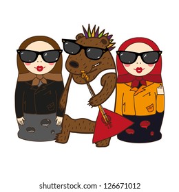 Rock and roll Matreshka doll and bear simless vector pattern