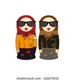 Rock and roll Matreshka doll simless vector pattern
