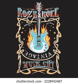 rock and roll music city, Rock and roll guitar music emblem, Rock you wild and free artwork for apparel and others. vintage vector t shirt print deign. 