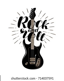 Rock and Roll, music concept. Guitar typographic design. Lettering vector illustration