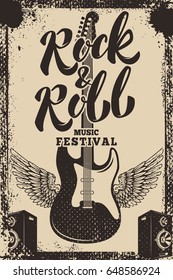 rock and roll music festival poster template. Guitar with wings on grunge background. Vector illustration.