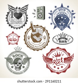 Rock and roll music festival symbols and stamps set isolated vector illustration