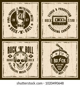 Rock and roll music four emblems, badges, labels or t-shirt prints on background with grunge textures on separate layer vector illustration