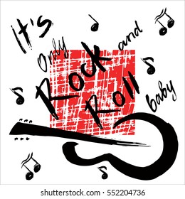   Rock and roll music grunge print, vintage label, rock-music tee print stamp, vector graphic design. 