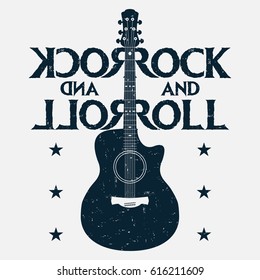 Rock and roll music grunge print with guitar. Rock-music design for t-shirt, clothes, poster. Vector illustration.