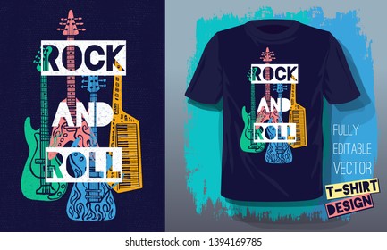 Rock And Roll Music Lettering Slogan Retro Sketch Style Electric Guitar, Bass Guitar, Piano For T Shirt Design Print Posters Kids Boys Girls. Hand Drawn Vector Illustration.