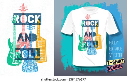 Rock and Roll music lettering slogan retro sketch style electric guitar, bass guitar, piano for t shirt design print posters kids boys girls. Hand drawn vector illustration.