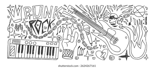 Rock and roll music pencil drawn set. Punk festival doodle background. Scribble grunge music concert flyer elements. Guitar, electronic piano, horns, mic sketch graffiti art. Vector illustration.