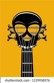 Rock and roll music poster. Guitar riff with skull. Heavy metal lable, tattoo style vector illustration.