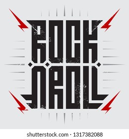 Rock and roll - music poster with red lightnings. Rock'n'roll - t-shirt design. T-shirt apparels cool print.