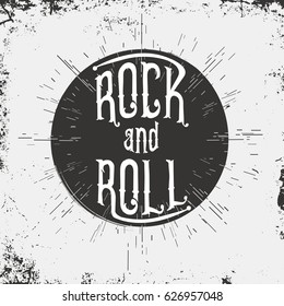 Rock and Roll music print. Grunge print for T-shirt with lettering. Monochrome vintage label, stamp with starburst and ray. Vector