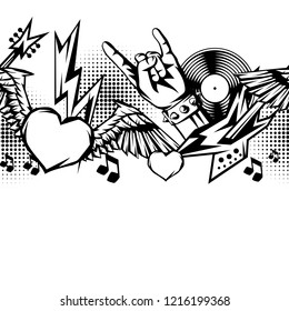 Rock and roll music seamless pattern. Rock festival ornament. Vintage background with musical items.