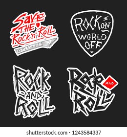 Rock and Roll music symbols with Guitar Wings Skull, Drums Plectrum. labels, logos. Heavy metal templates for design t-shirt, night party and festival. Hand drawn. Engraved sketch.