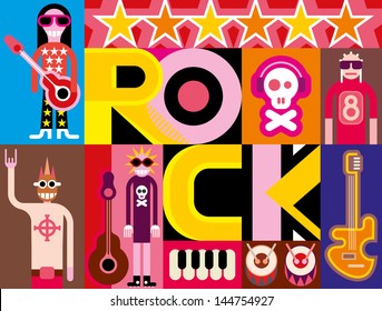 Rock and Roll. Musical collage - pop art vector illustration with people, musical instruments and inscription "Rock".