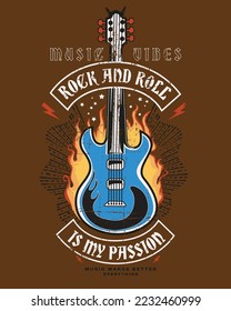 rock and roll is my passion for music vibes, Vintage Rock Poster T-shirt Design, Grunge print for T-shirt with guitar