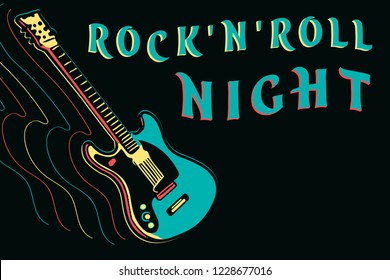 Rock and roll night design with neon guitar, vector illustration on dark background