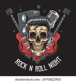 Rock and Roll Night slogan with Skull Head, Microphone, Red Roses, Electric Guitar and Speaker Vector Illustration for T-Shirt Apparel