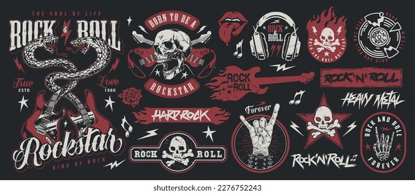 Rock and roll party colorful set stickers for nightclub with loud and fun hard rock festivals vector illustration