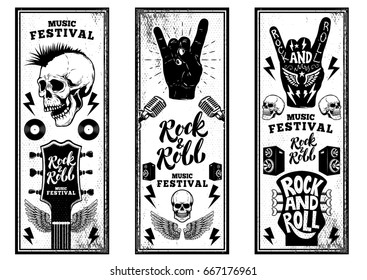 Rock and roll party flyers template. Vintage guitars, punk skull, rock and roll sign on grunge background. Vector illustration 